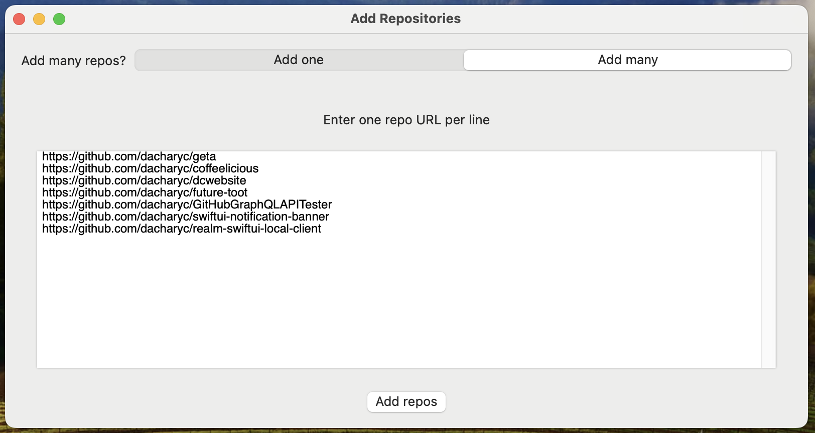 Screenshot showing the Add Repo sheet, with Add Many selected and a text box to enter many repository URLs