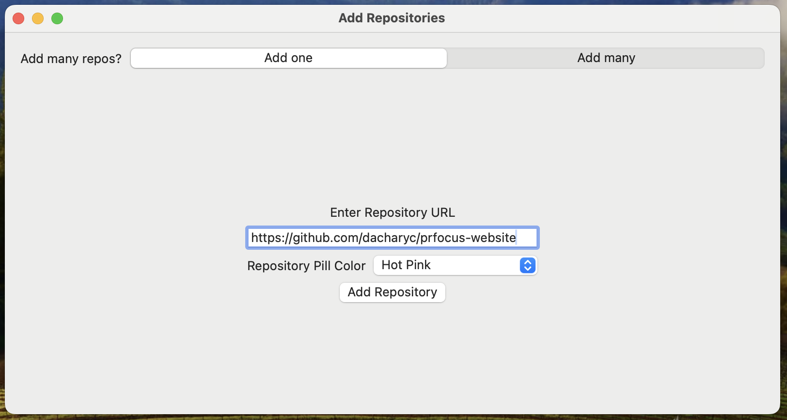 Screenshot showing the &ldquo;Add one&rdquo; option in the &ldquo;Add Repository&rdquo; pane, with a text field to enter a URL, a picker to select a color and a save buttons