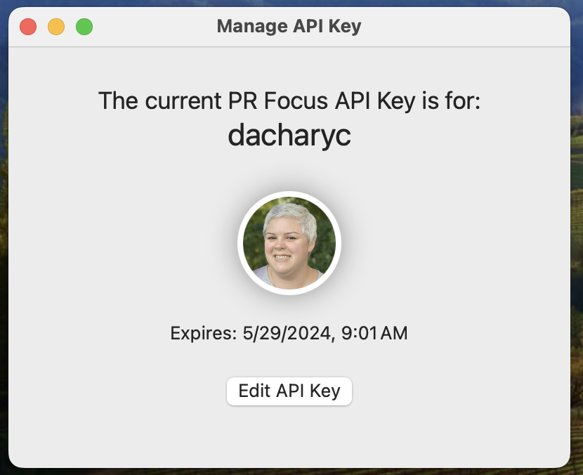 Screenshot showing the Manage API Key window