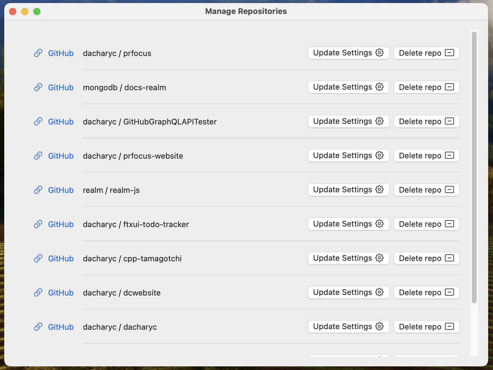 Screenshot showing the Manage Repositories window with links to view repositories on GitHub, and buttons to update settings or delete the repositories