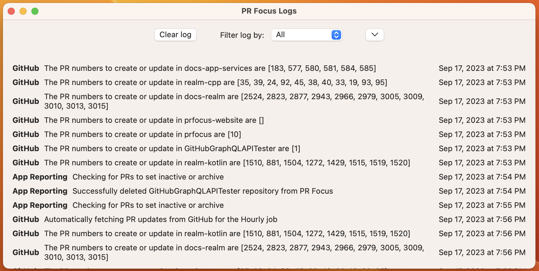Screenshot showing the PR Focus logs view with a list of log activities and timestamps