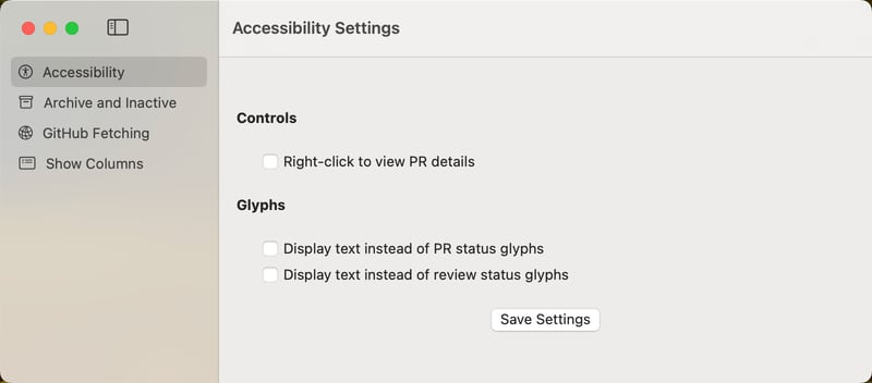 Screenshot showing the accessibility settings tab with sections for controls and glyphs