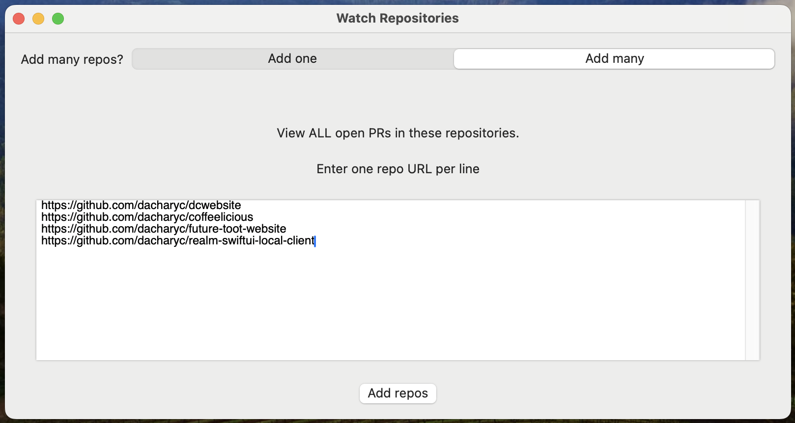 Screenshot showing the Watch Repository pane, with <code>Add Many</code> selected and a text box to enter many repository URLs