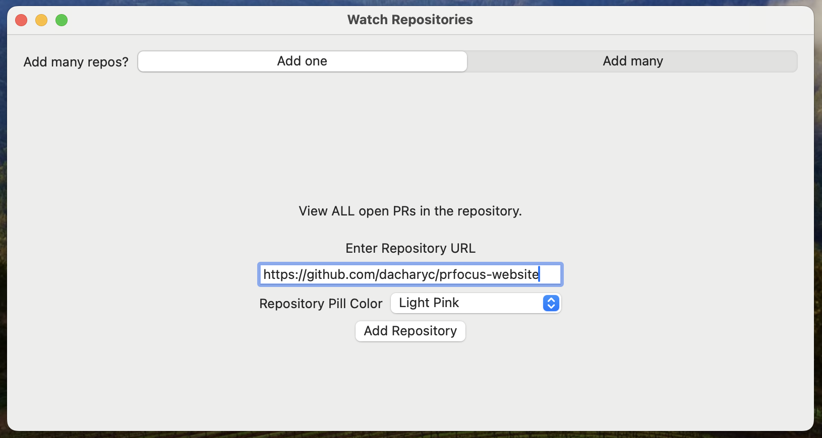 Screenshot showing the “Add one” option in the “Watch Repository” pane, with a text field to enter a URL, a picker to select a color and a save buttons