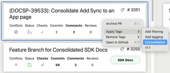 Screenshot showing a PR summary with the right-click context menu option, the “Apply Tags” menu expanded, and a tag called “Consolidation” selected
