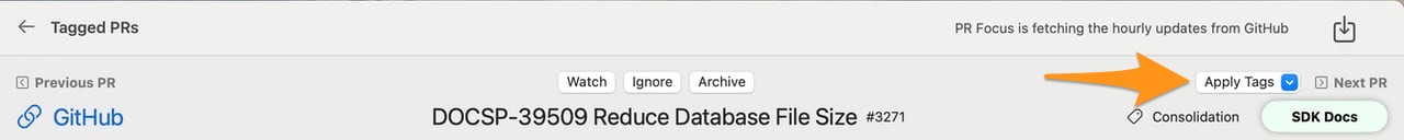 Screenshot showing the PR detail view with a tag called “Consolidation” and an arrow pointing to the “Apply Tags” drop-down menu