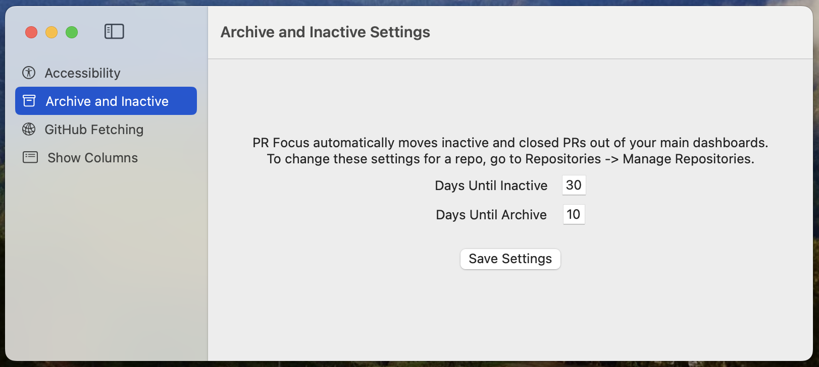 Screenshot showing the Archive and Inactive Settings option with the values set to the Inactive: 30 day and Archive: 10 day defaults