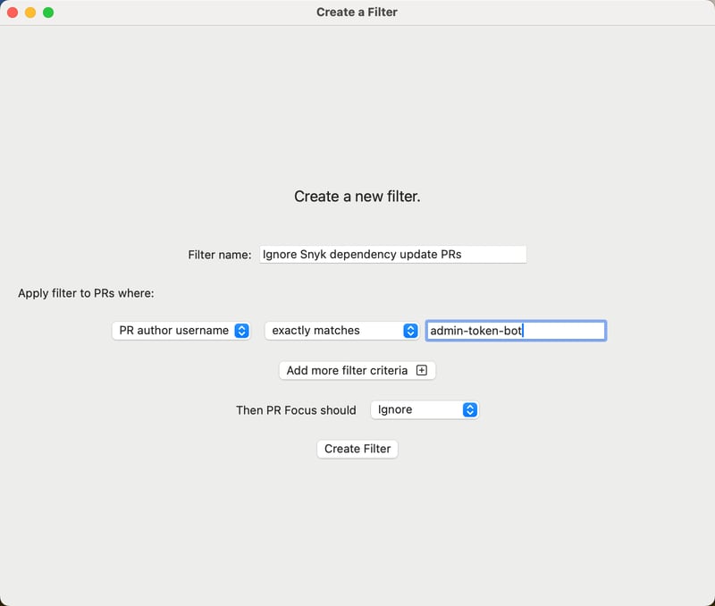 Screenshot showing the “Create a Filter” window with the name “Ignore Snyk dependency update PRs” and the conditions of “Apply to filter to PRs where: PR authro username exactly matches ‘admin-token-bot’”