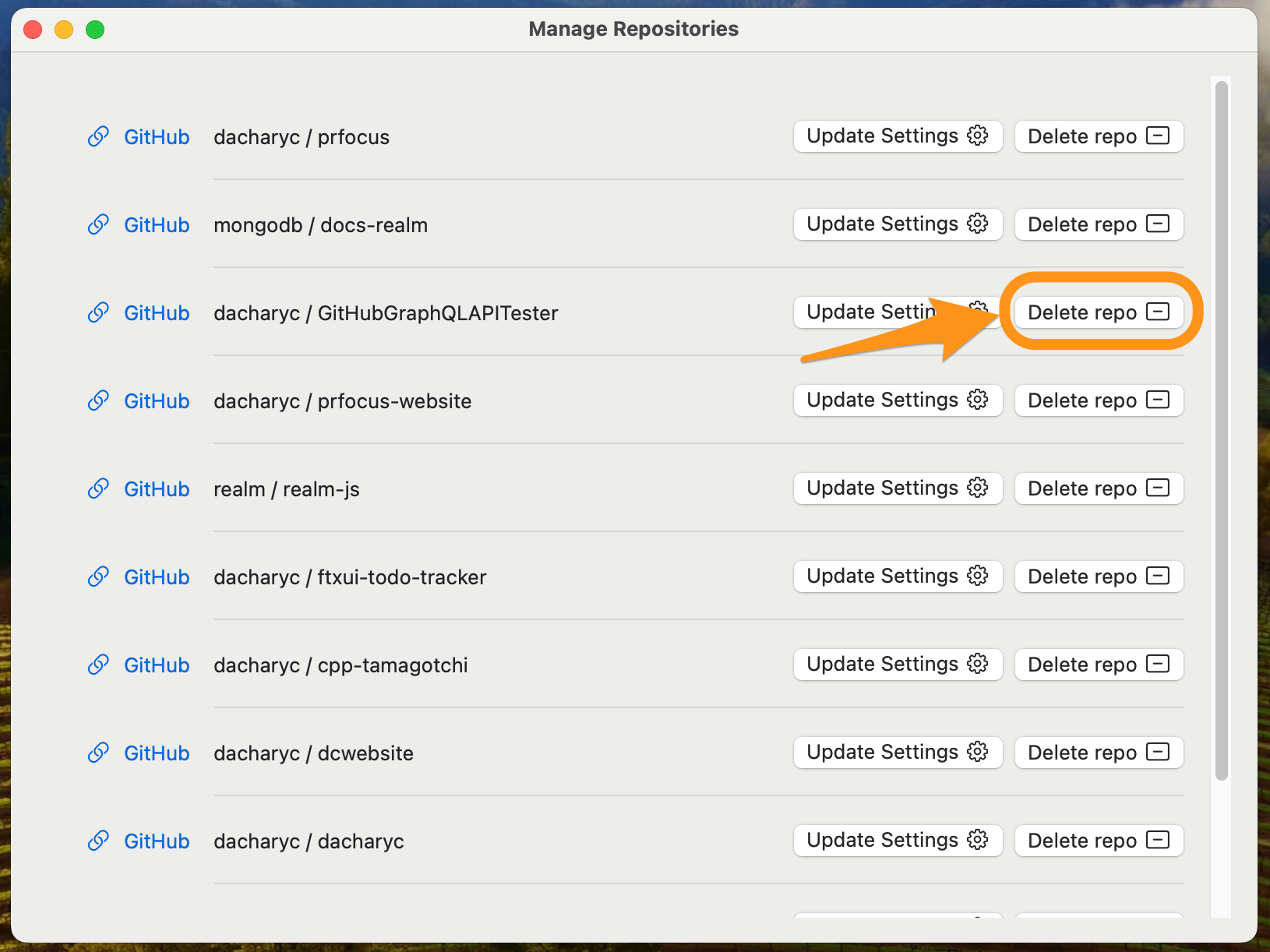 Screenshot showing the Manage Repositories window with an arrow pointing to the circled &ldquo;Delete Repo&rdquo; button for the &lsquo;dacharyc/GitHubGraphQLAPITester&rsquo; repo.