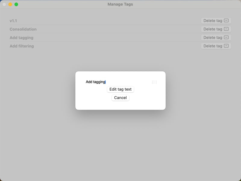 Screenshot showing the “Edit tag text” sheet where the tag name is “Add Tagging”. There are buttons to “Edit tag text” or “Cancel”.