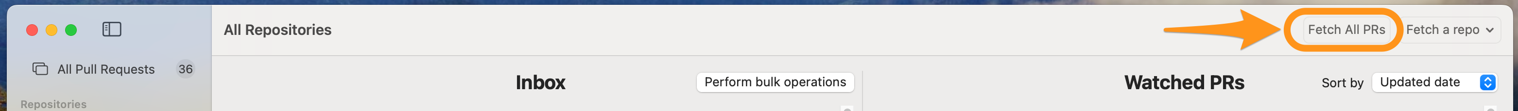 Screenshot showing “Fetch PRs” button in the toolbar