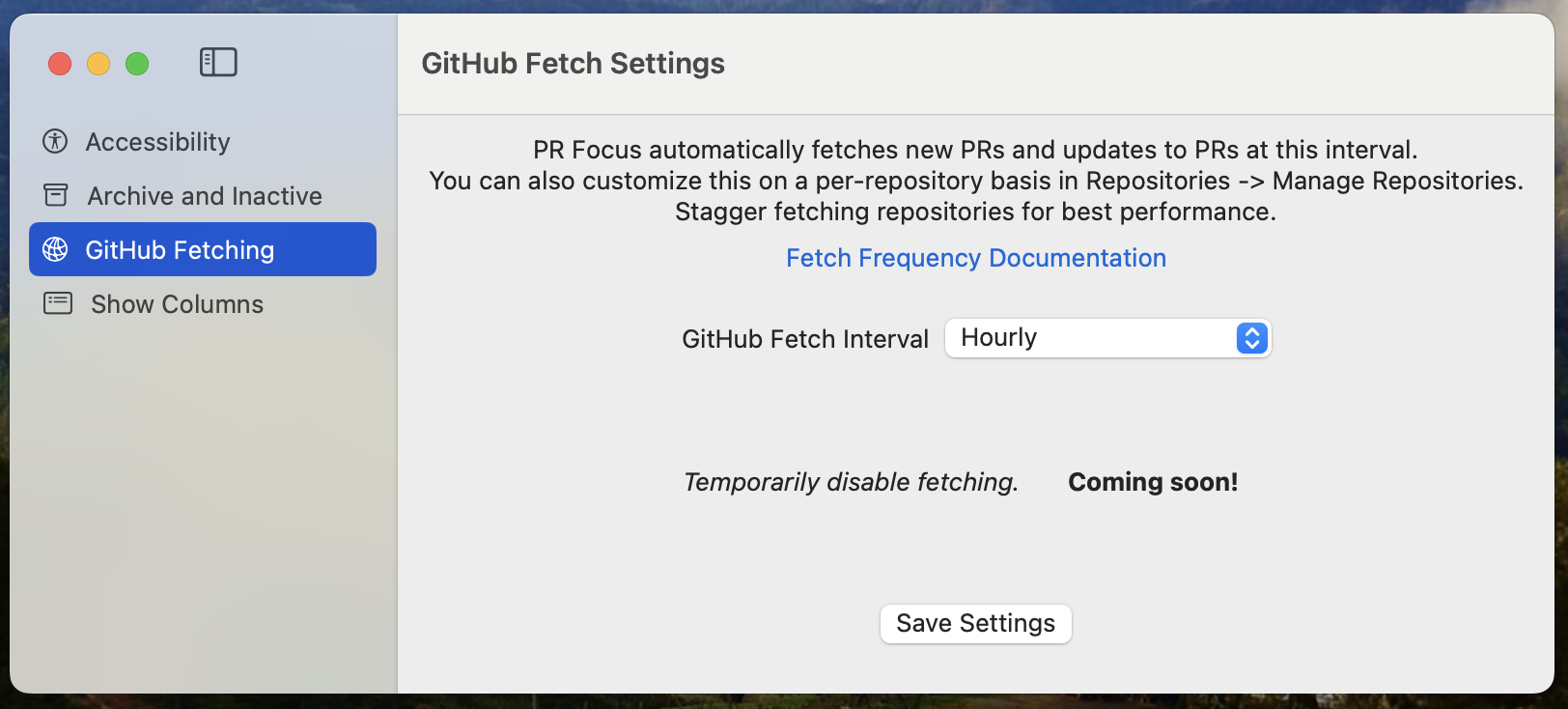 Screenshot showing the GitHub Fetching Settings option with the default “Hourly” interval displayed in the picker