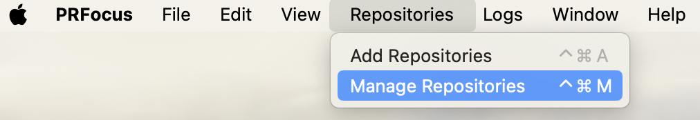 Screenshot showing the Manage Repositories menu option