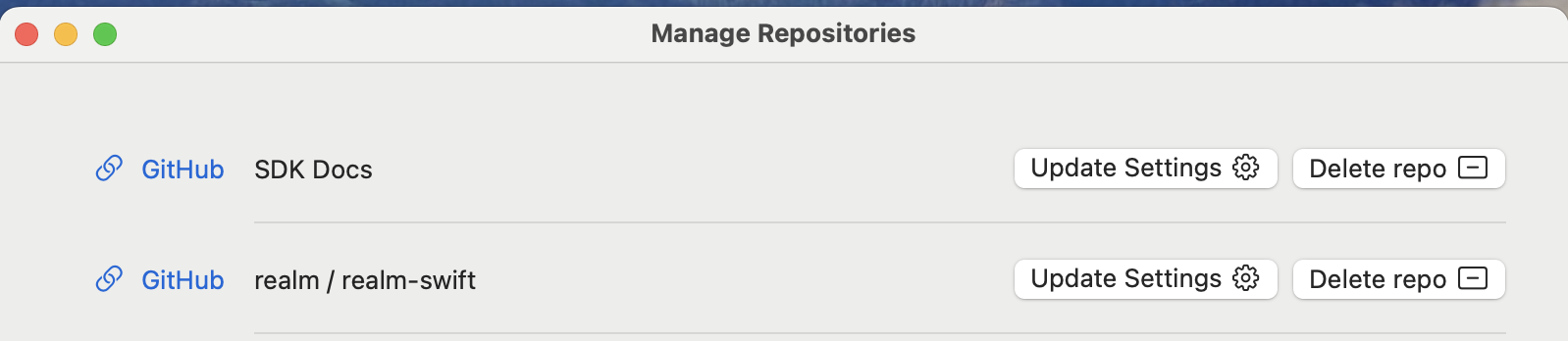 Screenshot showing the Manage Repositories window with links to view repositories on GitHub, and buttons to update settings or delete the repositories