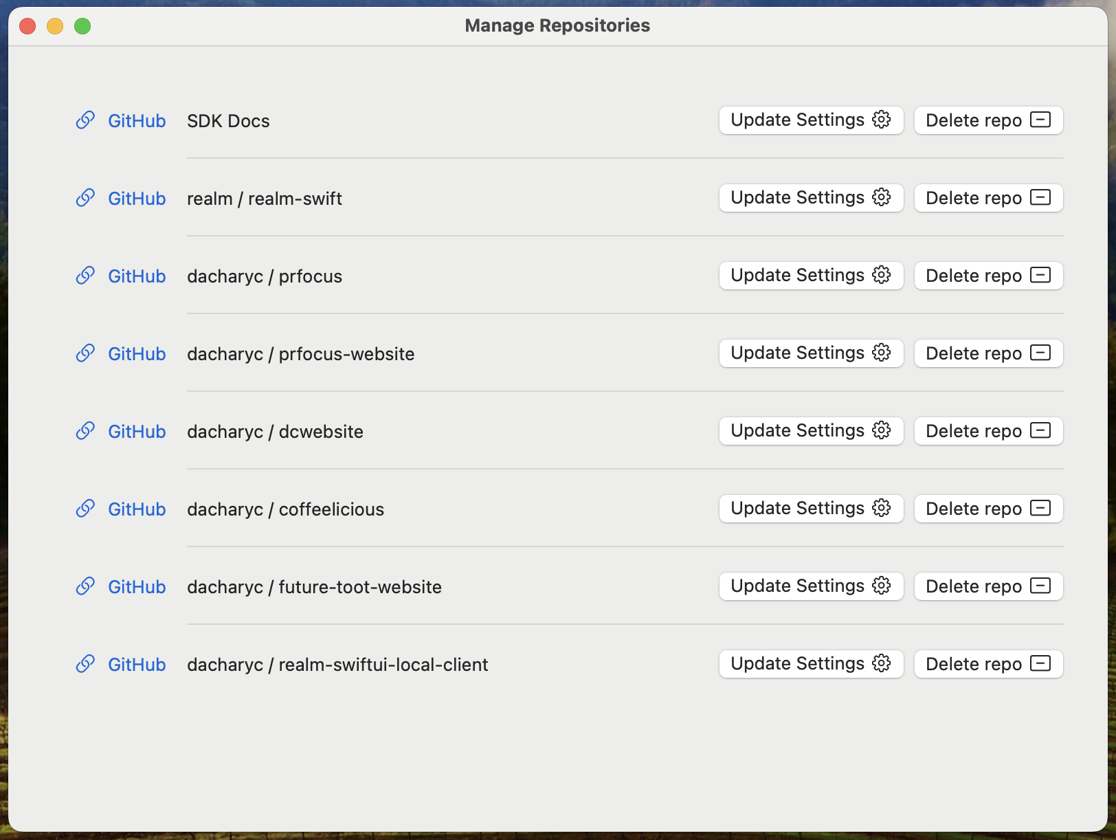 Screenshot showing the Manage Repositories window with links to view repositories on GitHub, and buttons to update settings or delete the repositories