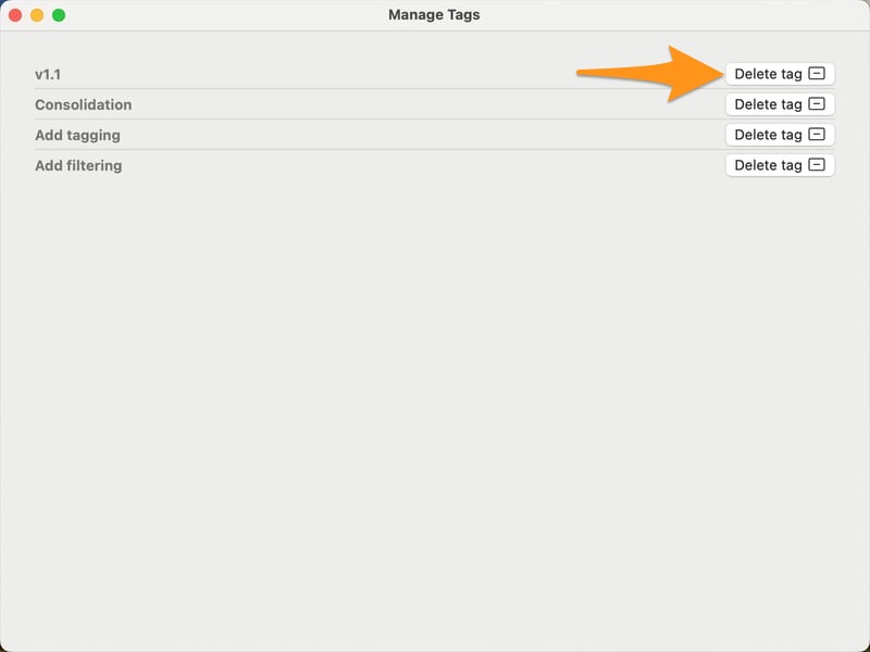 Screenshot showing the “Manage Tags” window with an arrow pointing to the “Delete tag” button.