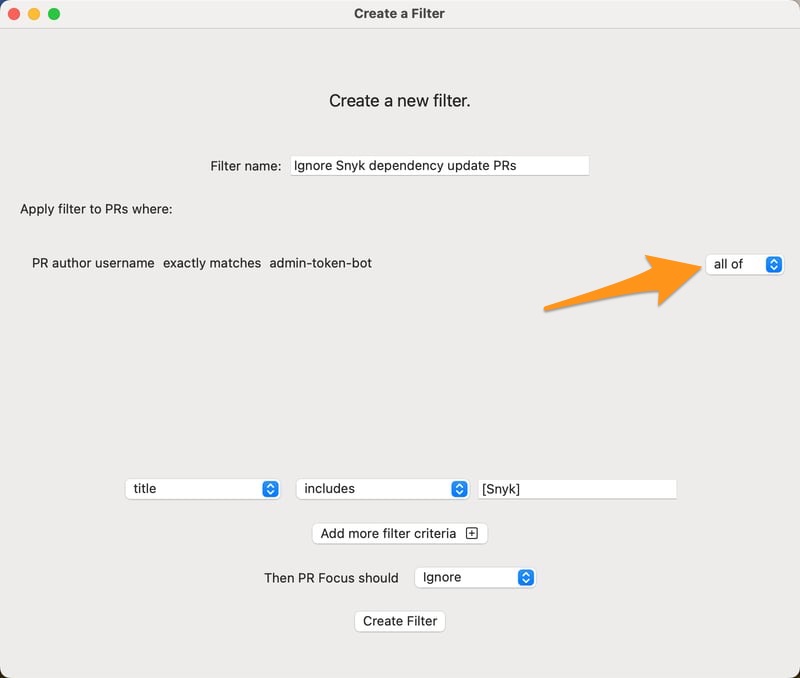 Screenshot showing the “Create a Filter” window with an arrow pointing to the drop-down where you can specify the logic to apply multiple filters