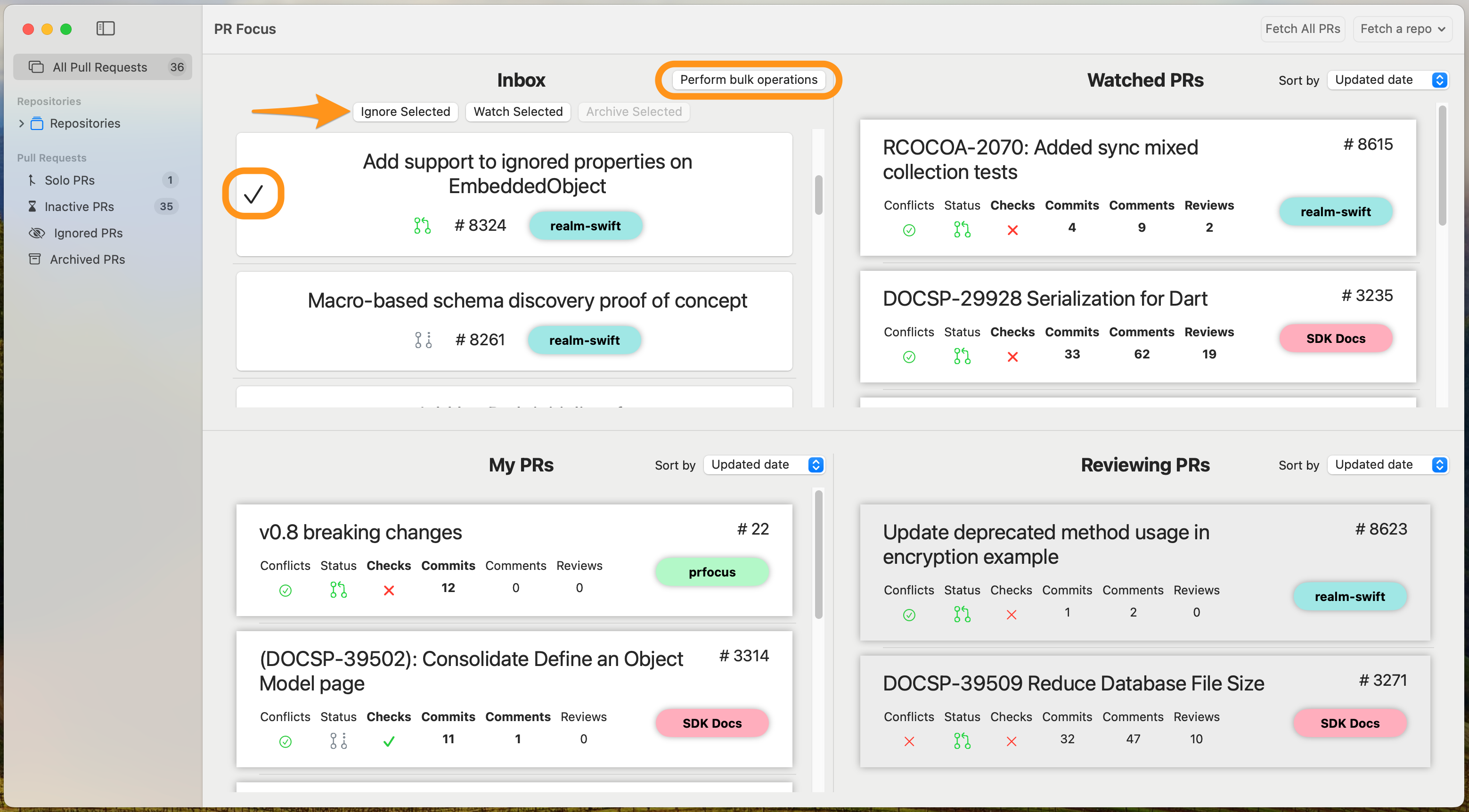 Screenshot showing the Watch, Ignore, and Archive buttons and multiple PRs selected when performing bulk operations