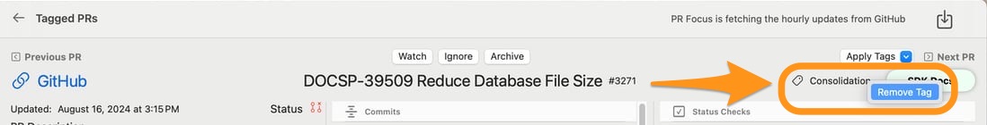 Screenshot showing a PR detail view with an arrow pointing to a “Consolidation” tag circled, where the right-click menu has been opened and the option to “Remove Tag” is selected