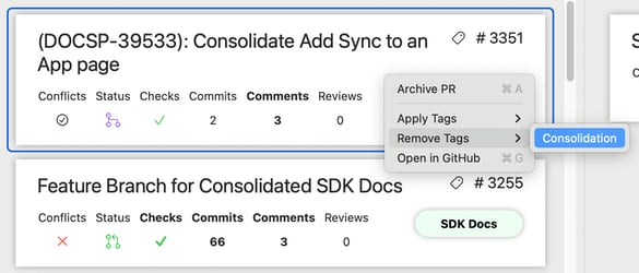 Screenshot showing a PR summary with the right-click context menu option, the “Remove Tags” menu expanded, and a tag called “Consolidation” selected