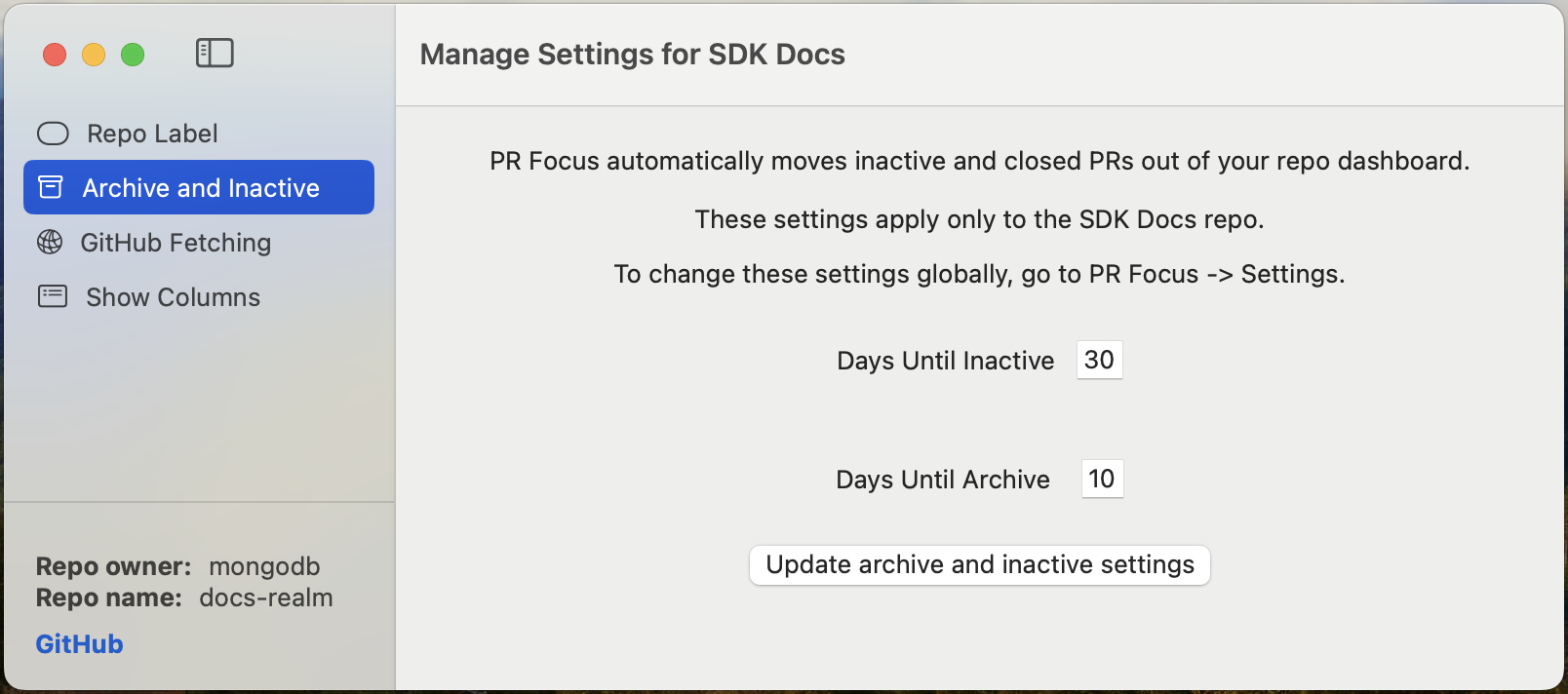 Screenshot showing the “Archive and Inactive” view with default 30 day until Inactive and 10 day until Archive settings