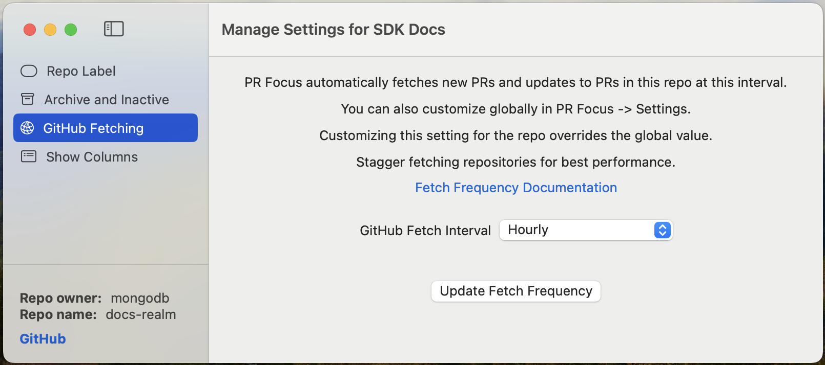 Screenshot showing the “GitHub Fetching” view with the “Hourly” option selected in the picker