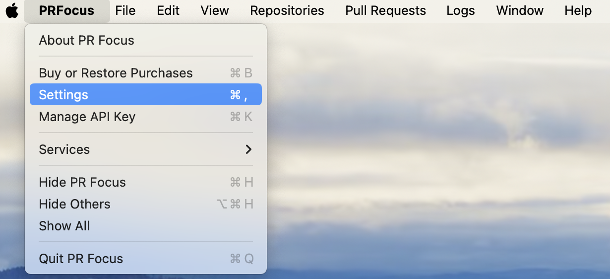 Screenshot showing the “Settings” menu option in the <strong>PR Focus</strong> menu