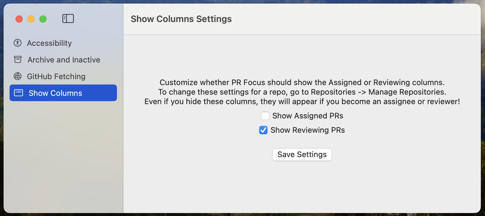 Screenshot showing the Show Columns Settings option with the “Show Reviewing PRs” checkbox checked and the “Show Assigned PRs” option unchecked