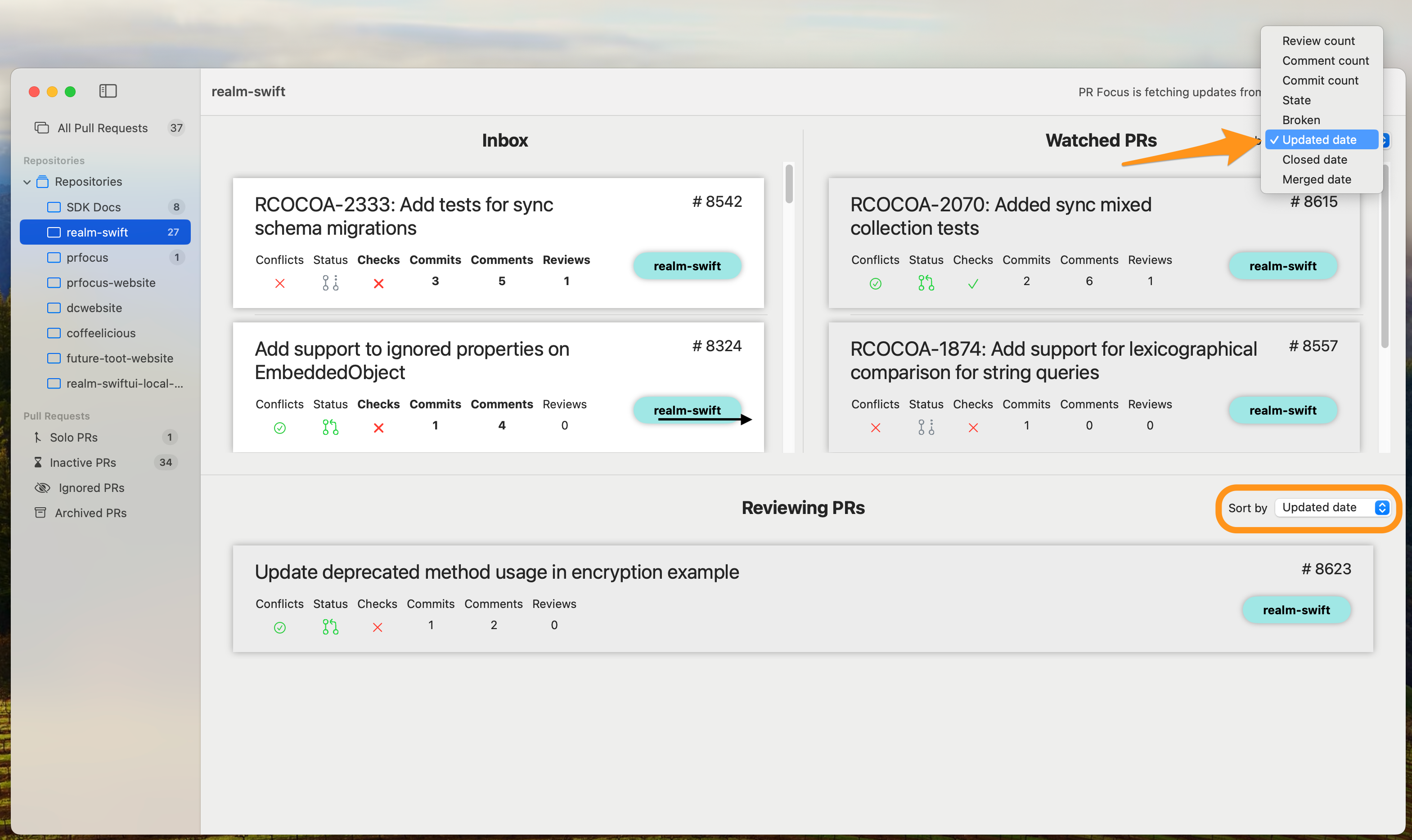 Screenshot showing the opened “Sort by” menu with the available sort options