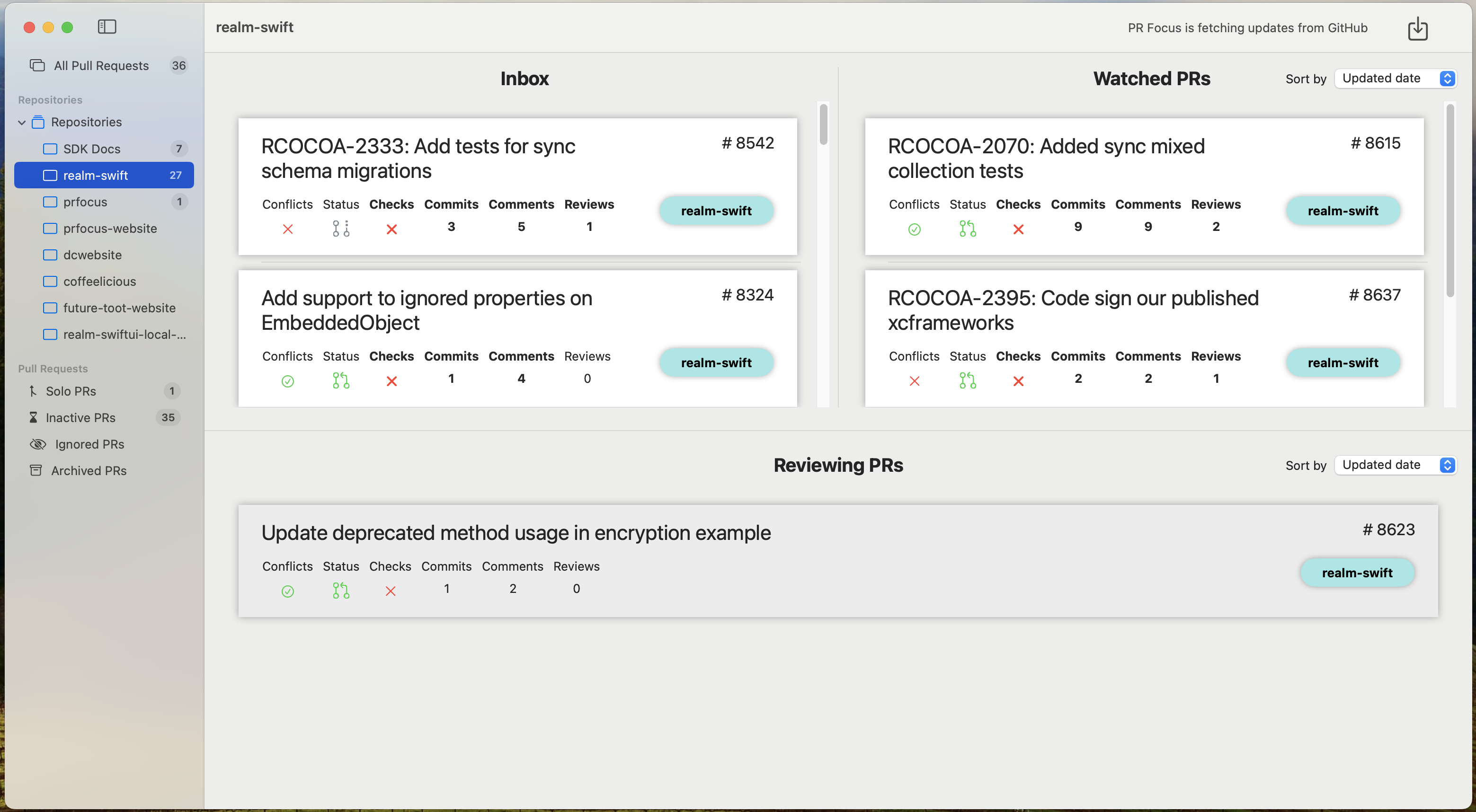 Screenshot showing a Repository Dashboard for <code>realm-swift</code>