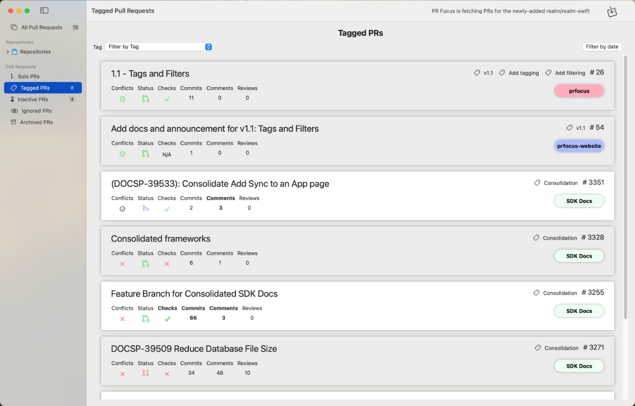 Screenshot showing the Tagged PRs Dashboard with a list of PR Summary rows that display the various tags that have been applied to the PRs