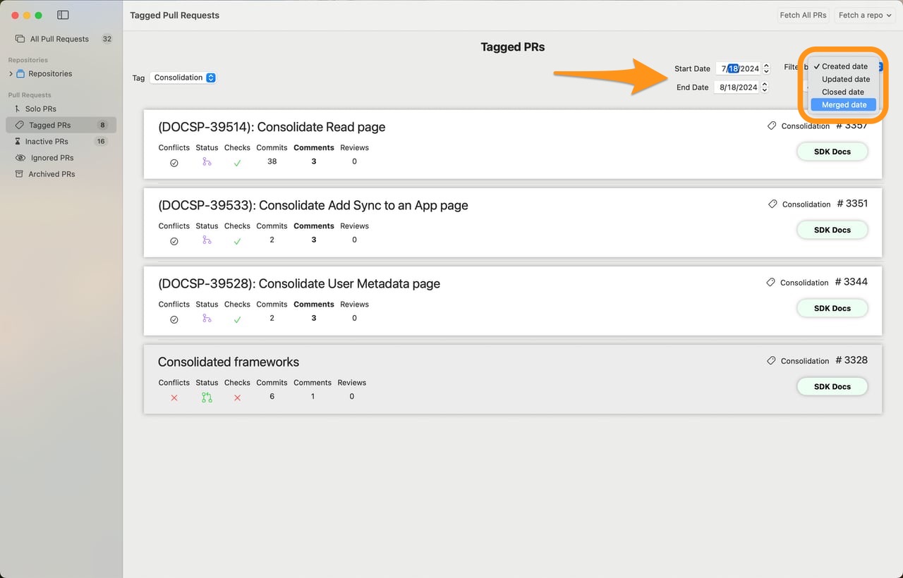 Screenshot showing the Tagged PRs Dashboard with the Filter by Date options expanded to show the Start Date and End Date date pickers, and the option to select the date field to filter on