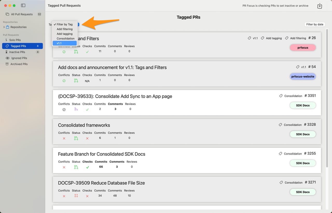 Screenshot showing the Tagged PRs Dashboard with the Filter by Tag drop-down menu expanded to show the available tags for filtering