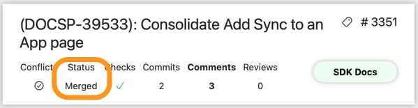 Screenshot of a pull request summary with a text “Merged” status circled