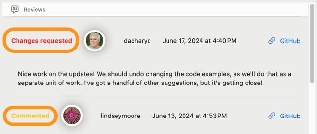 Screenshot of a pull request detail view with the review status text “Changes Requested” and “Commented” circled