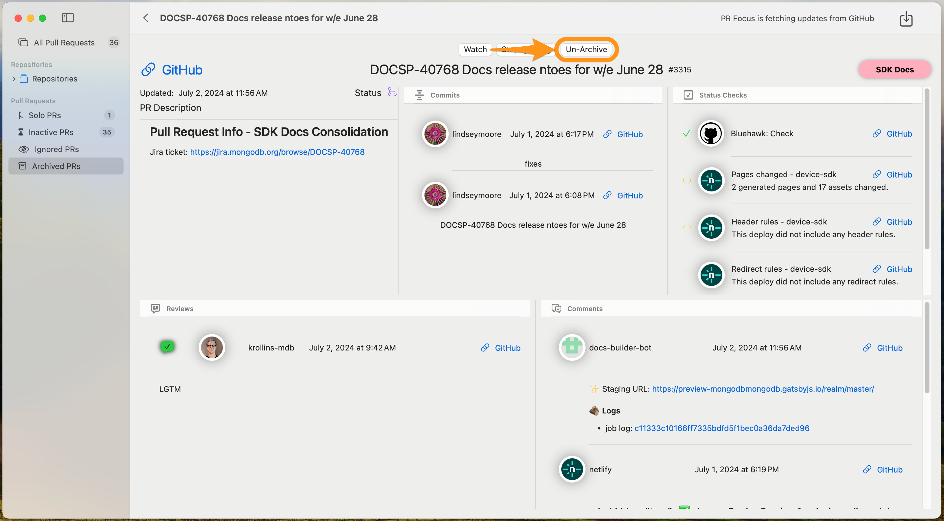 Screenshot showing the “Un-Archive PR” button in a PR Detail view