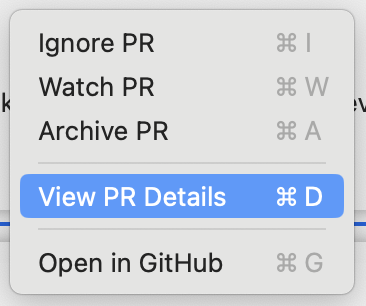 Screenshot of the right-click context menu with the “View PR Details” option highlighted