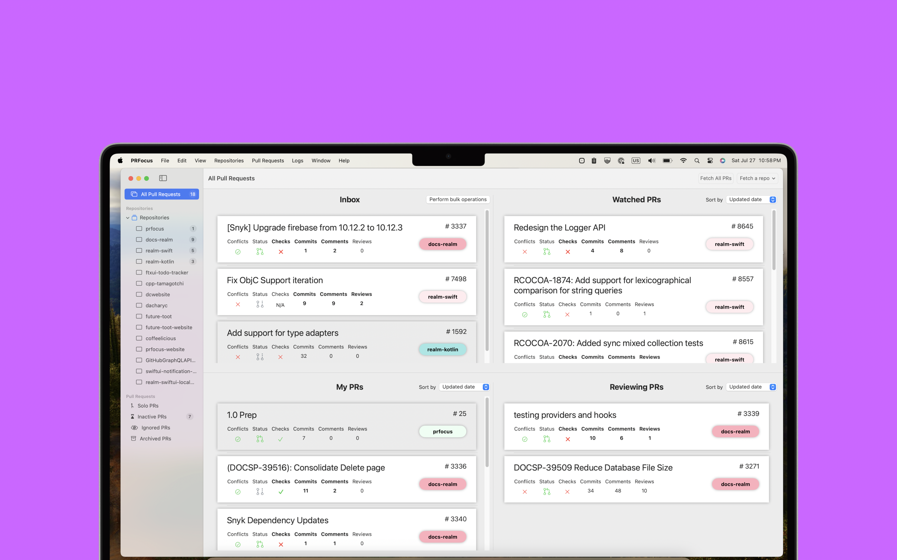 Hero image showing PR Focus All Pull Requests dashboard on a MacBook Pro 14 inch laptop against a purple background